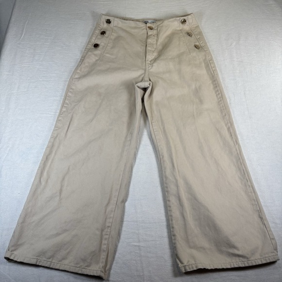 Zara Pants - Zara Women's Cropped Wide Leg Beige Denim Pants Size 8